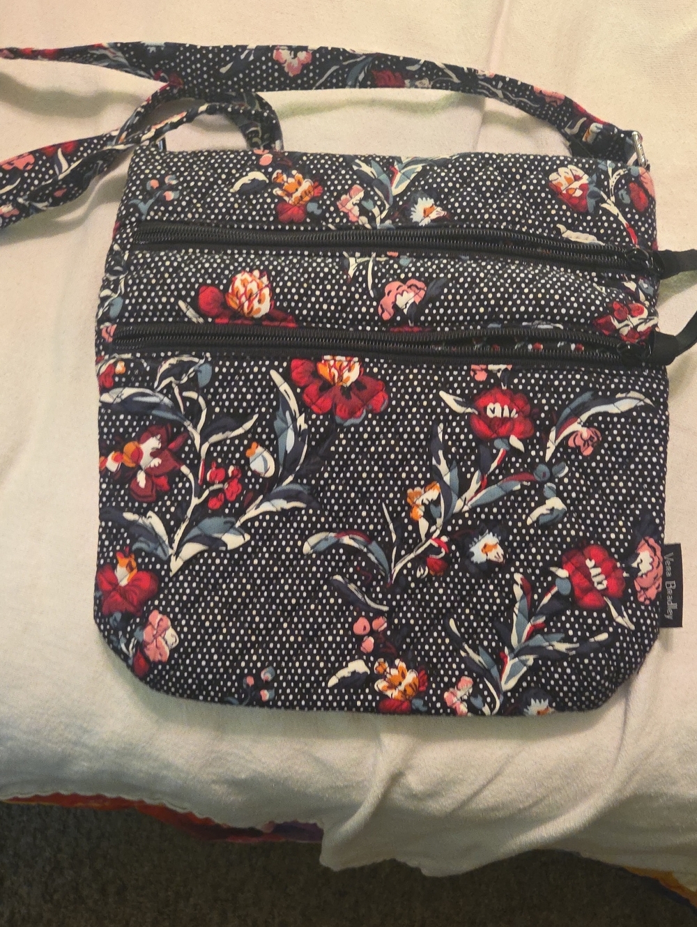 Vera Bradley Navy Quilted Crossbody with Red Floral Print